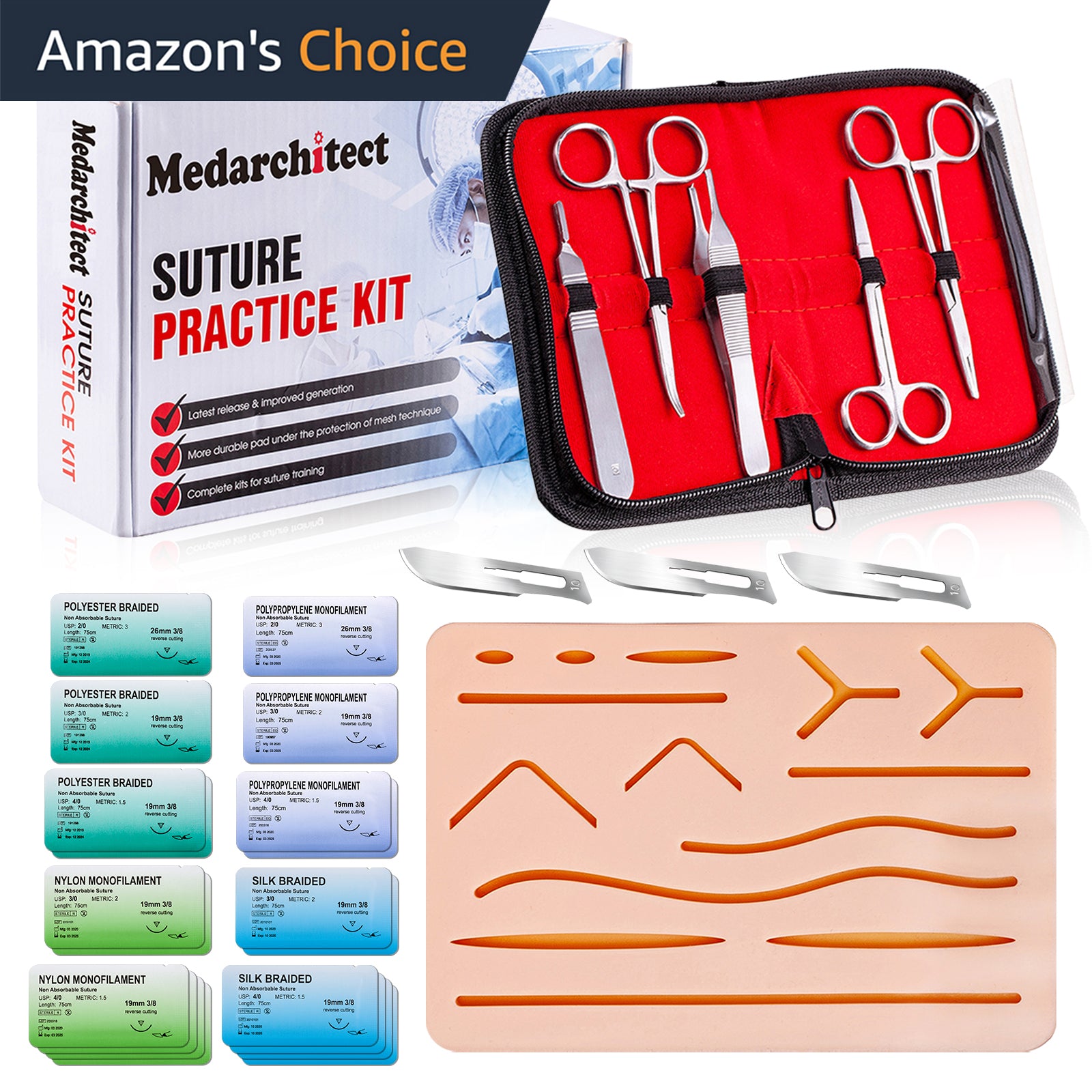 Suture Practice Kit (30 Pieces) for Medical Student Suture Training, Include Upgrade Suture Pad with 14 Pre-Cut Wounds, Suture Tools, Suture Thread & Needle (Complete Kit) - [shop_medarchitect]