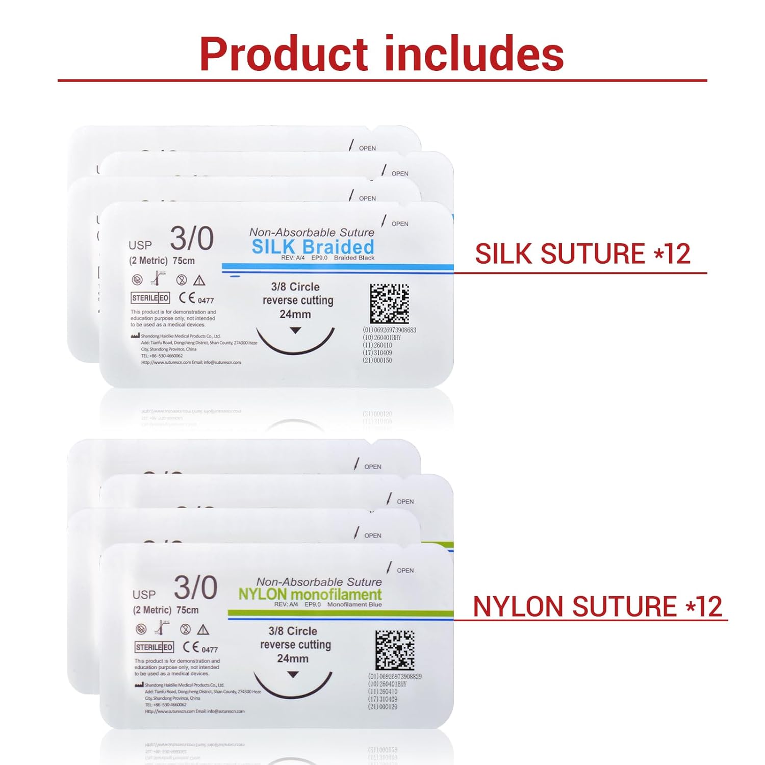 24-Pack 3/0 Nylon and Silk Sutures