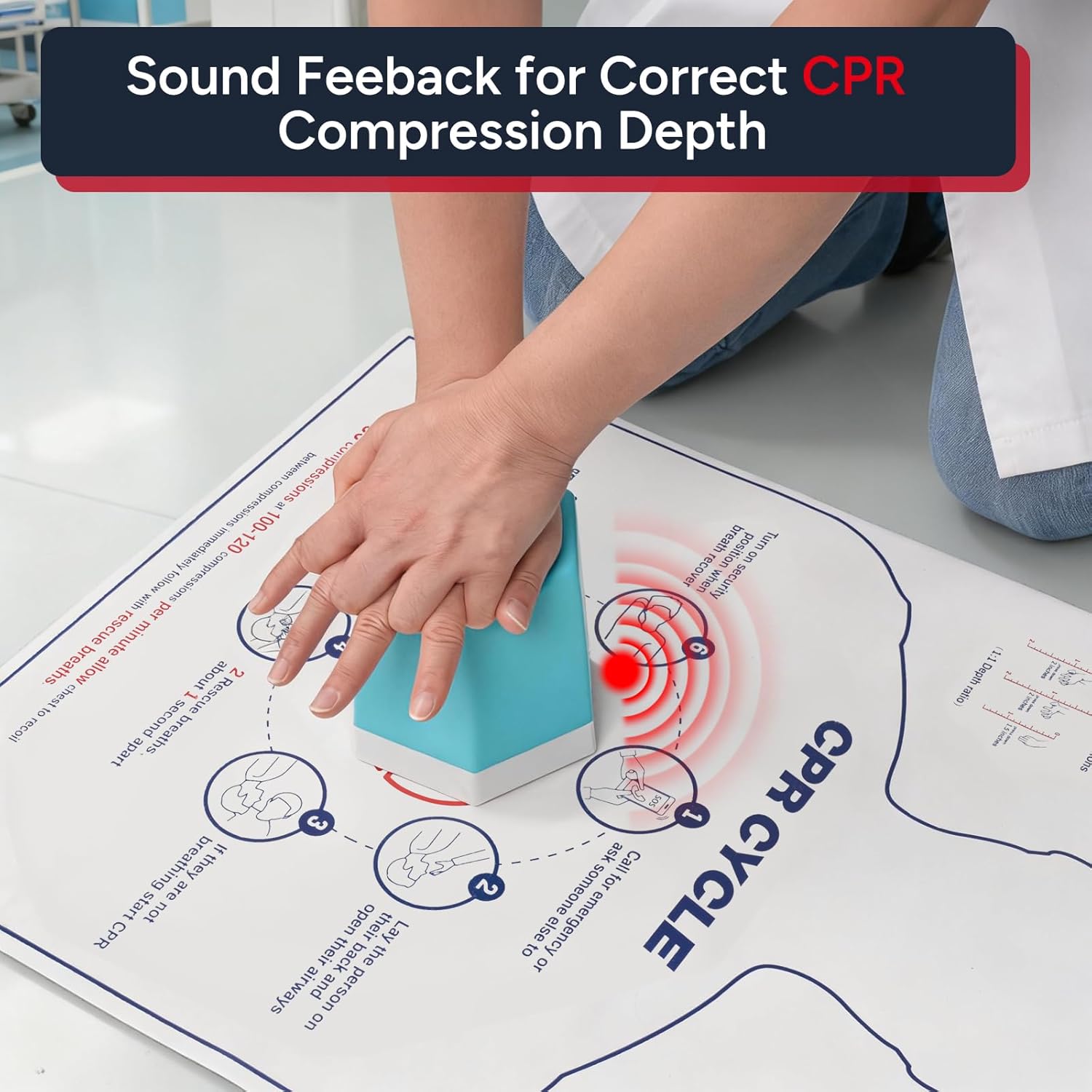 Hands-Only CPR Trainer with Step-by-Step Instructions on Mat