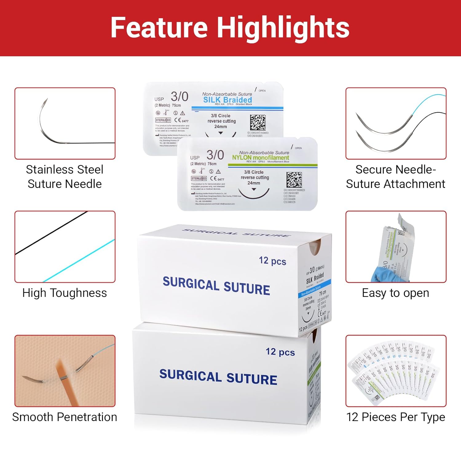 Sharp Stainless Steel Suture Needles with 3/0 Threads