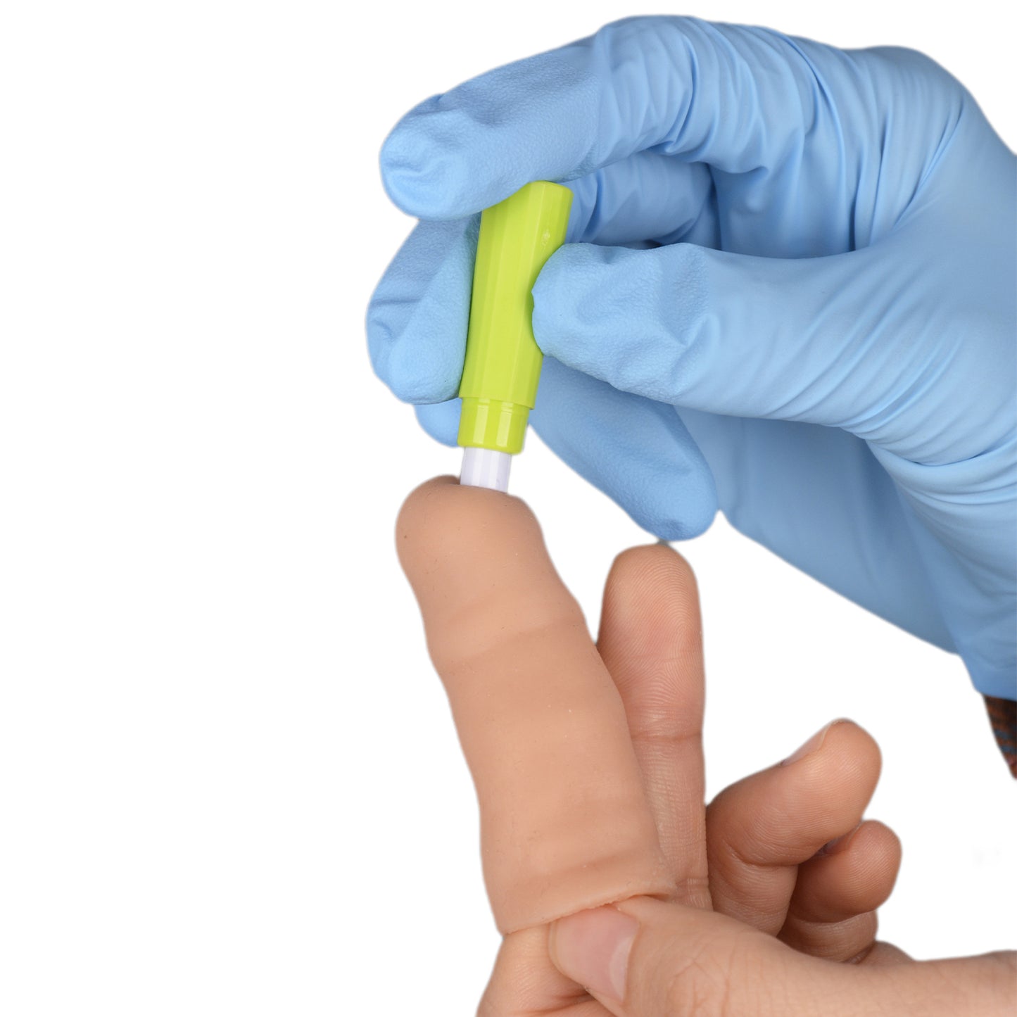User Practicing Fingerstick On Blood Glucose Test Simulator