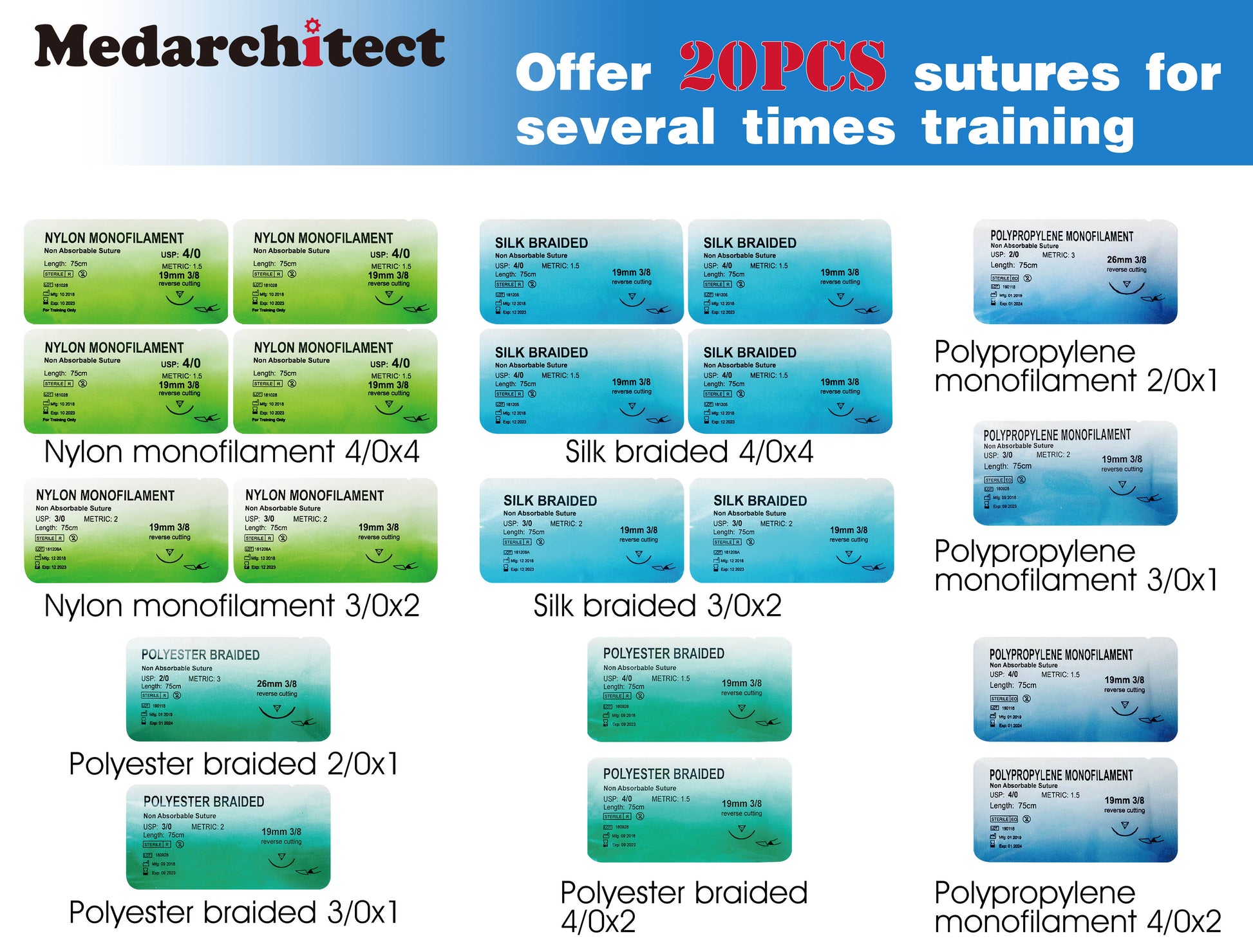 20 Pcs Sutures With Needles In Suture Practice Kit For Training