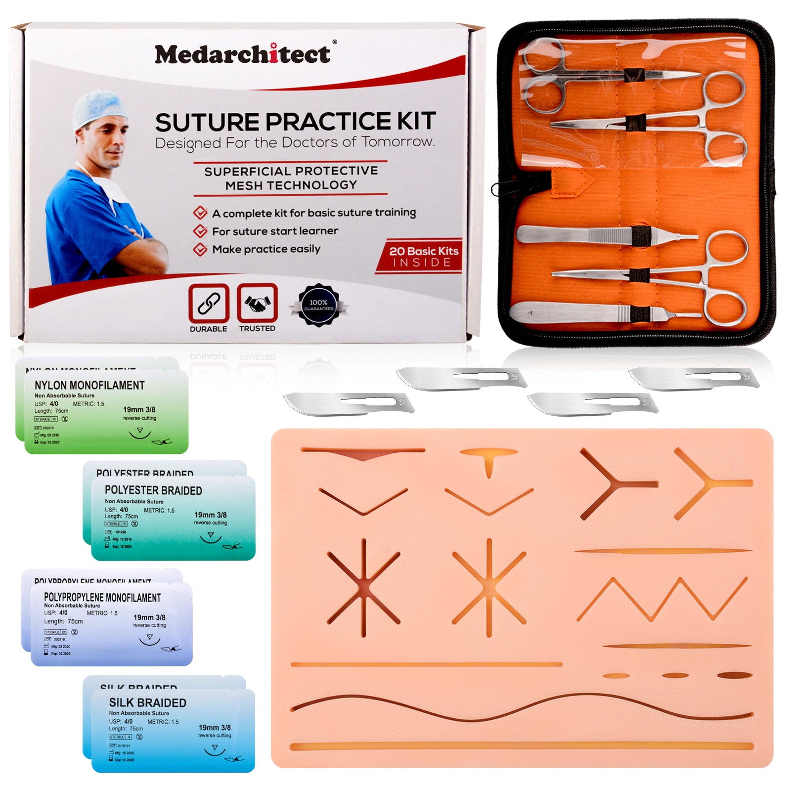 Medarchitect Suture Practice Complete Kit (30 Pieces) for Medical Student  Suture Training, Include Upgrade Suture Pad with 14 Pre-Cut Wounds, Suture