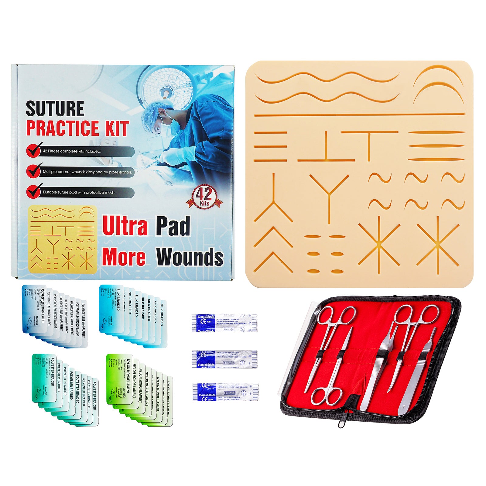 Suture Practice Pad Kit, Pre-Cut Wounds 3 Layers Built-in Mesh